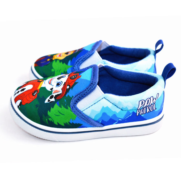 Paw Patrol boys slip-on canvas shoes with cartoon character print, displayed on a white background.