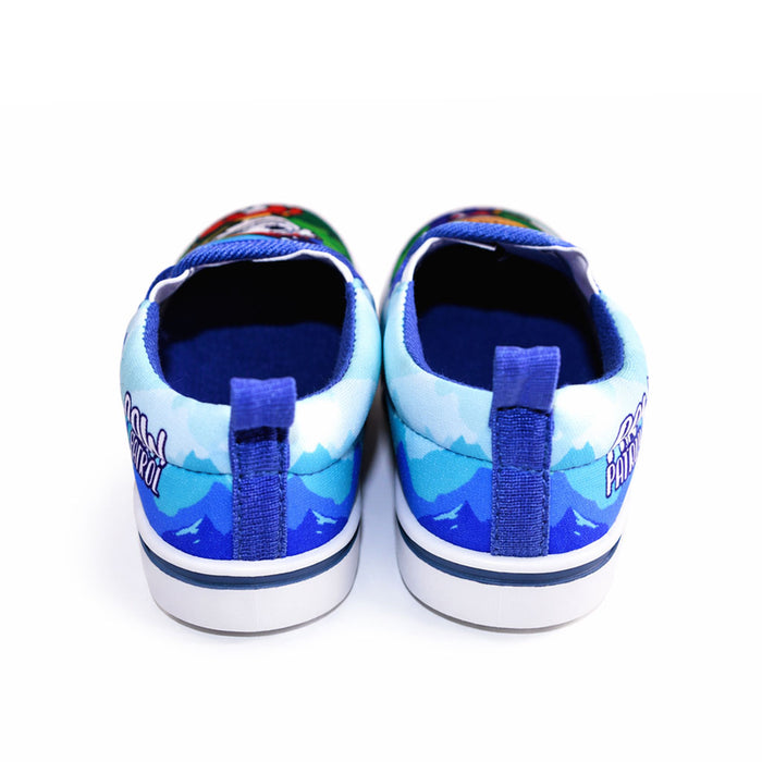 Paw Patrol boys' slip-on canvas shoes shown from the back, featuring blue mountain graphics.
