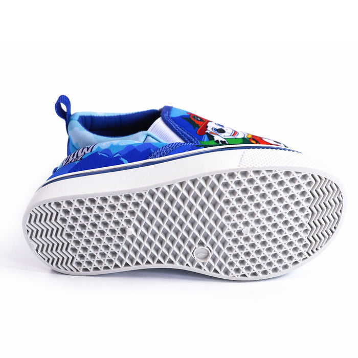 Paw Patrol boys slip-on canvas shoe showing textured rubber sole and blue cartoon upper design.