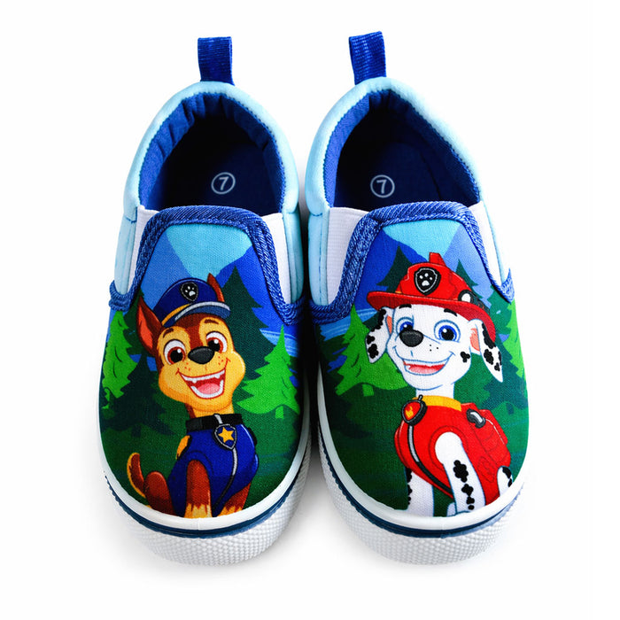 Boys Paw Patrol slip-on canvas shoes with Chase and Marshall characters, shown from above on white background.