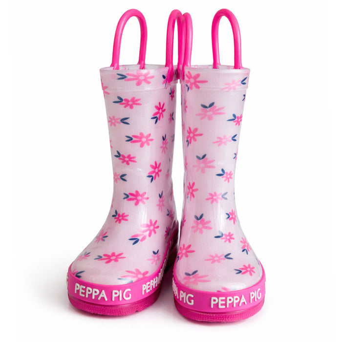 Peppa Pig light pink rain boots with pink flower pattern shown standing upright on a white background.