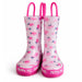 Peppa Pig light pink rain boots with pink flower pattern shown standing upright on a white background.