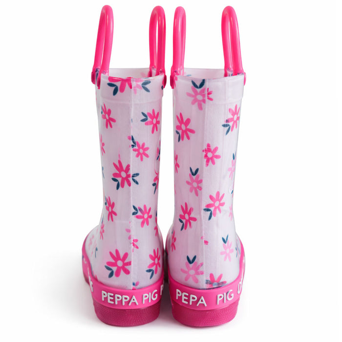 Peppa Pig light pink light-up rain boots with floral print shown from the back on white background.