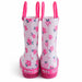 Peppa Pig light pink light-up rain boots with floral print shown from the back on white background.