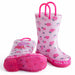 Peppa Pig light up rain boots in light pink with floral print, shown upright and on their side on white background.