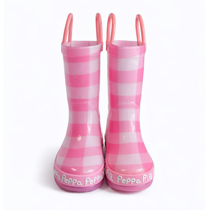 Peppa Pig pink plaid rain boots for kids shown upright on a plain white background.