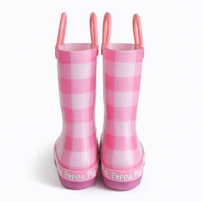 Peppa Pig pink plaid rain boots for kids shown upright with handles on a white background.