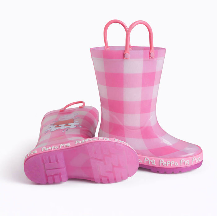 Peppa Pig pink plaid rain boots for kids shown on a white background, side and sole visible.