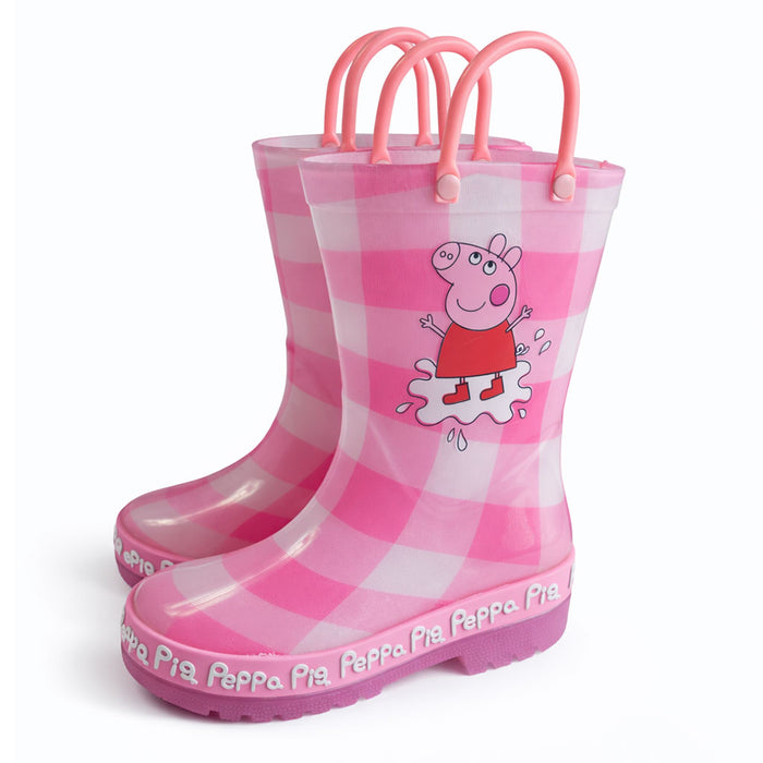 Peppa Pig pink plaid rain boots for kids standing upright on a white background.