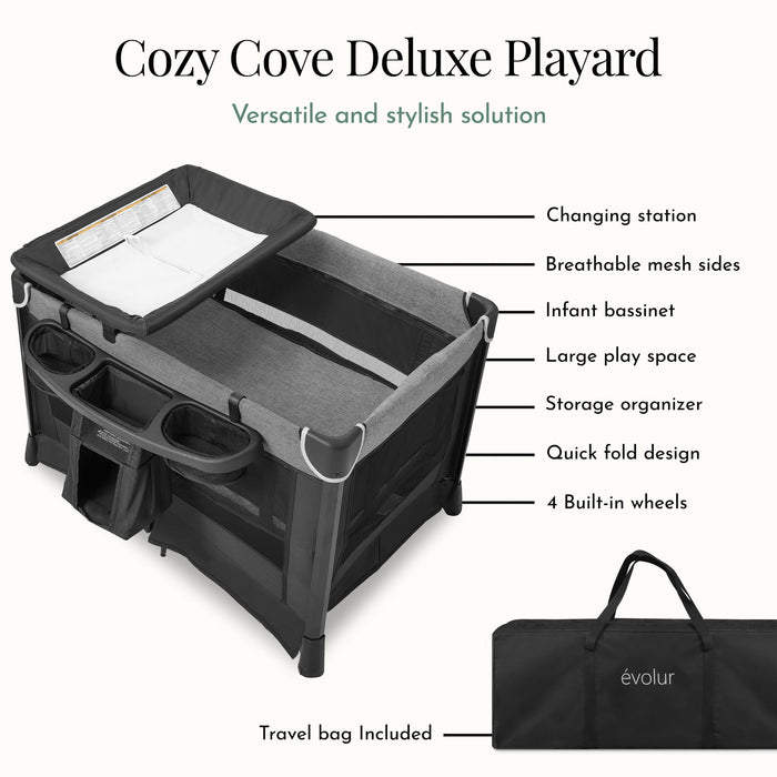 Deluxe playard with changing station, mesh sides, bassinet, organizer, foldable design, travel bag