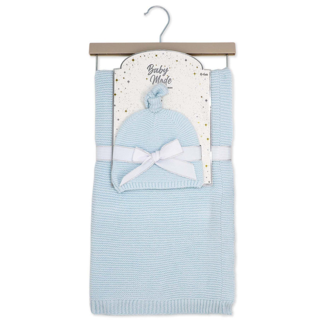 Light blue baby knit blanket and hat set with white bow, displayed on a hanger