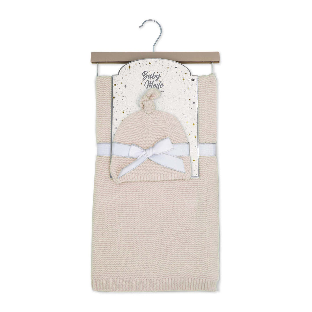 Beige knit baby blanket and hat set with white ribbon, perfect for newborns 0-6 months.