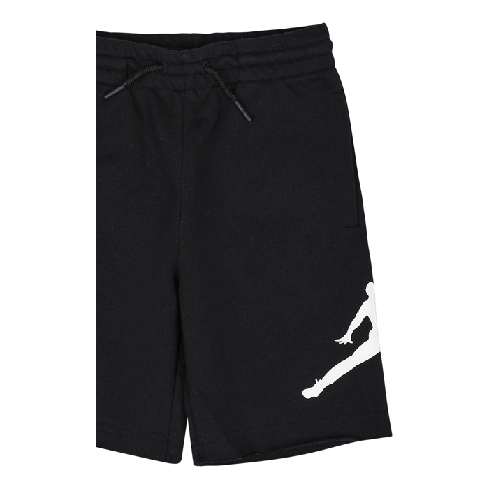 Black kids' shorts with drawstring waist and white athletic figure graphic on the left leg, displayed flat.