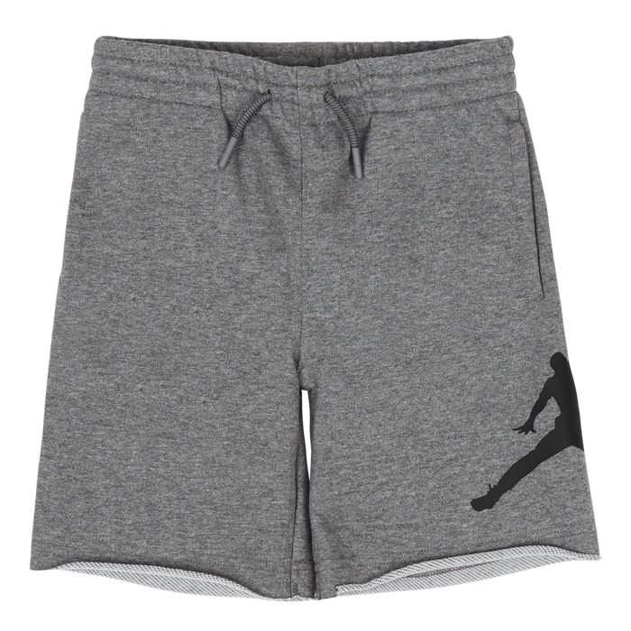 Boys’ grey athletic shorts with elastic waistband and black sporty graphic, shown on flat surface.