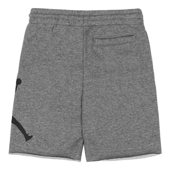 Boys' grey athletic shorts with back pocket and elastic waistband, shown flat from the back.