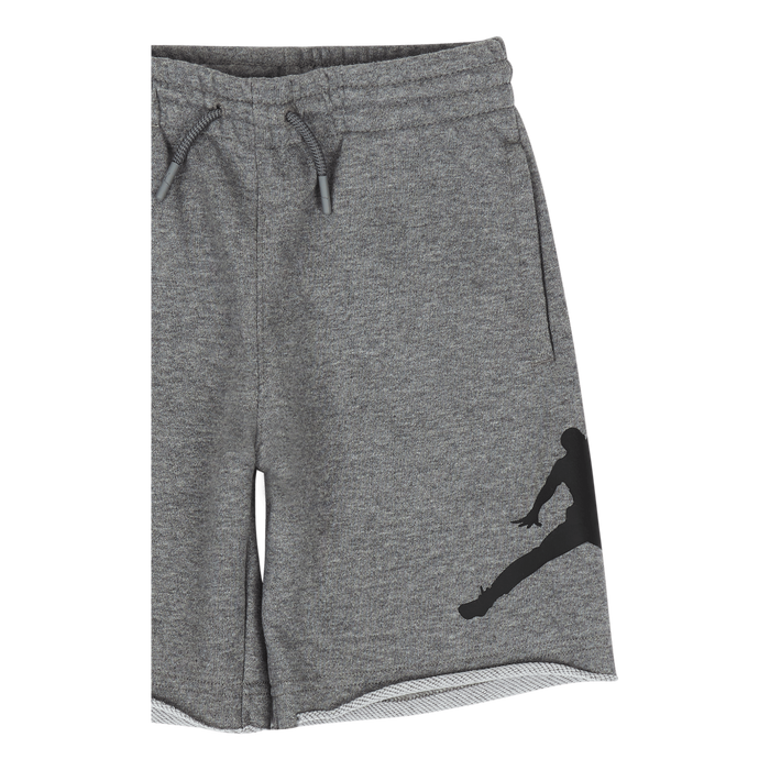 Grey athletic shorts with drawstring waist and silhouette print, shown flat against a black background.