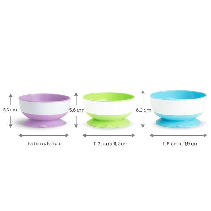 Set of three kids' suction bowls in purple, green, and blue, shown side by side with size measurements.