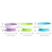 Set of three kids' suction bowls in purple, green, and blue, shown side by side with size measurements.