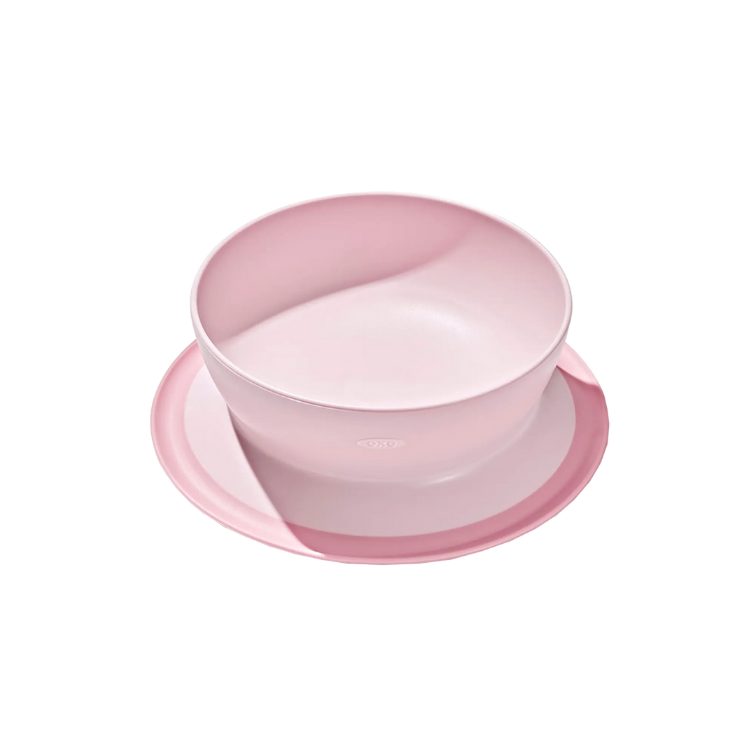 Pink toddler bowl and plate set, ideal for baby feeding and self-feeding practice