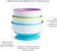 Stacked baby suction bowls in pastel colors with strong suction base on a plain background.