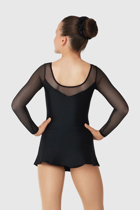Girl’s black long sleeve mesh skating dress shown from the back against a plain background.