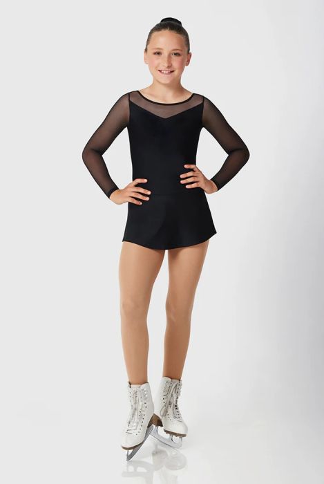 Girls' black long sleeve figure skating dress with mesh sleeves, shown worn with white skates on a white background.
