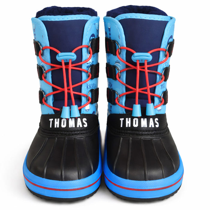 Thomas kids winter boots with red laces and blue accents, shown standing upright, front view.