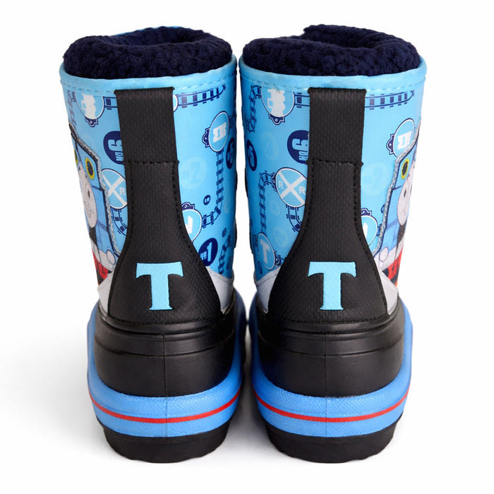 Thomas the Train kids' winter boots in blue with cartoon print shown from the back on white background.