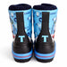 Thomas the Train kids' winter boots in blue with cartoon print shown from the back on white background.