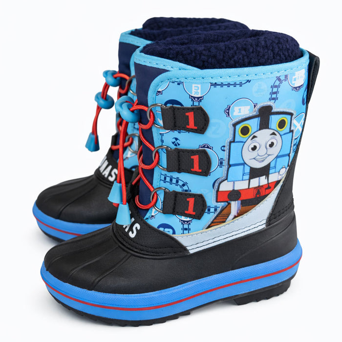 Thomas the Train kids winter boots with blue and black uppers, shown on a white background.