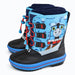 Thomas the Train kids winter boots with blue and black uppers, shown on a white background.