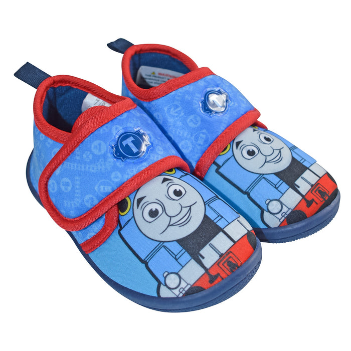 Boys Adorable Thomas the Train Blue & Red Daycare Slippers with Non-Slip Soles – (Sizes 5-12T)