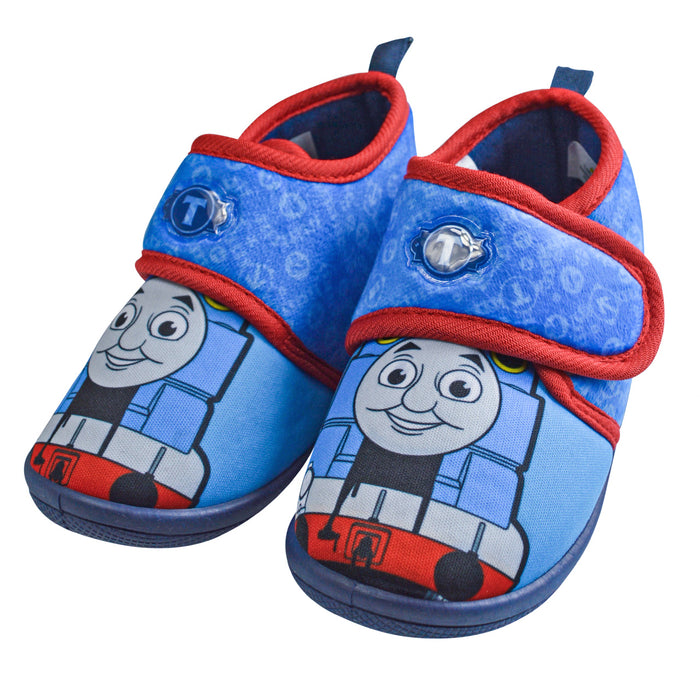 Boys Adorable Thomas the Train Blue & Red Daycare Slippers with Non-Slip Soles – (Sizes 5-12T)