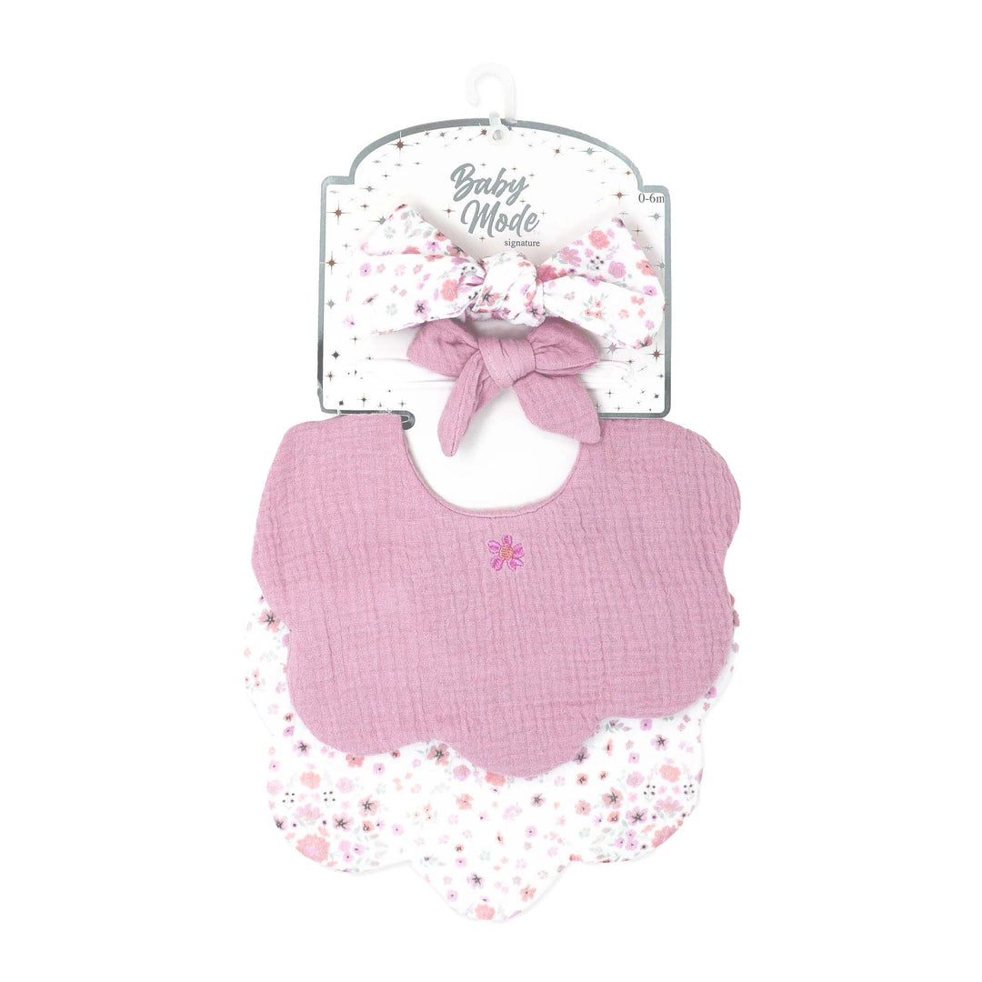 Pink and floral baby bib and headband set for newborn girls, 0-6 months, soft cotton accessories.