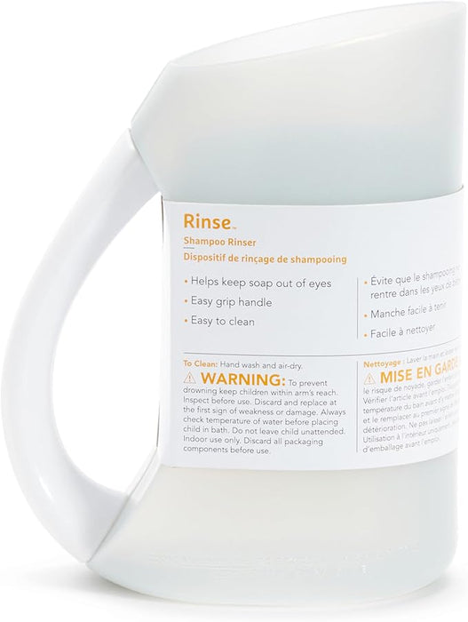 White shampoo rinser with easy grip handle and label, ideal for baby bath time