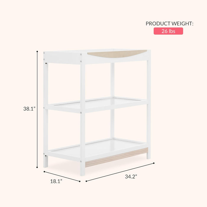 White wooden baby changing table with two shelves, 38.1 inches tall, 34.2 inches wide, 18.1 inches deep, and weighs 26 lbs.