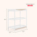 White wooden baby changing table with two shelves, 38.1 inches tall, 34.2 inches wide, 18.1 inches deep, and weighs 26 lbs.