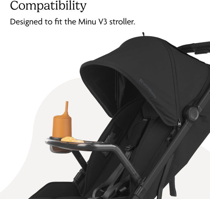 Black stroller with canopy, snack tray, orange sippy cup, and snack, designed for Minu V3