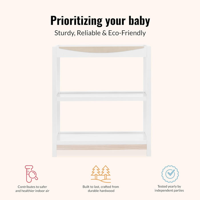 White wooden changing table with shelves, eco-friendly and sturdy baby furniture