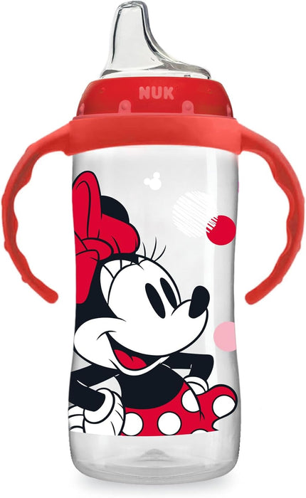 NUK baby sippy cup with red handles and a Minnie Mouse graphic on the front.