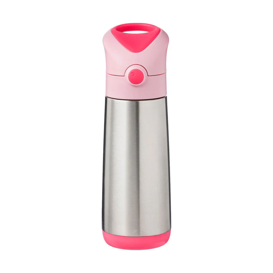 Kids stainless steel water bottle with pink lid and base, insulated drink container