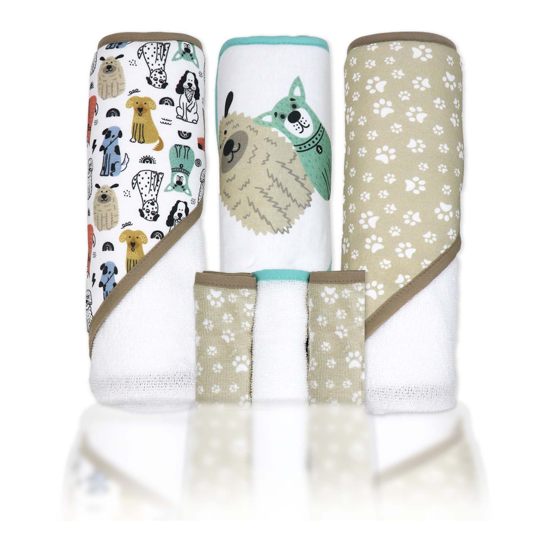 Set of baby hooded towels and washcloths with dog and paw print patterns