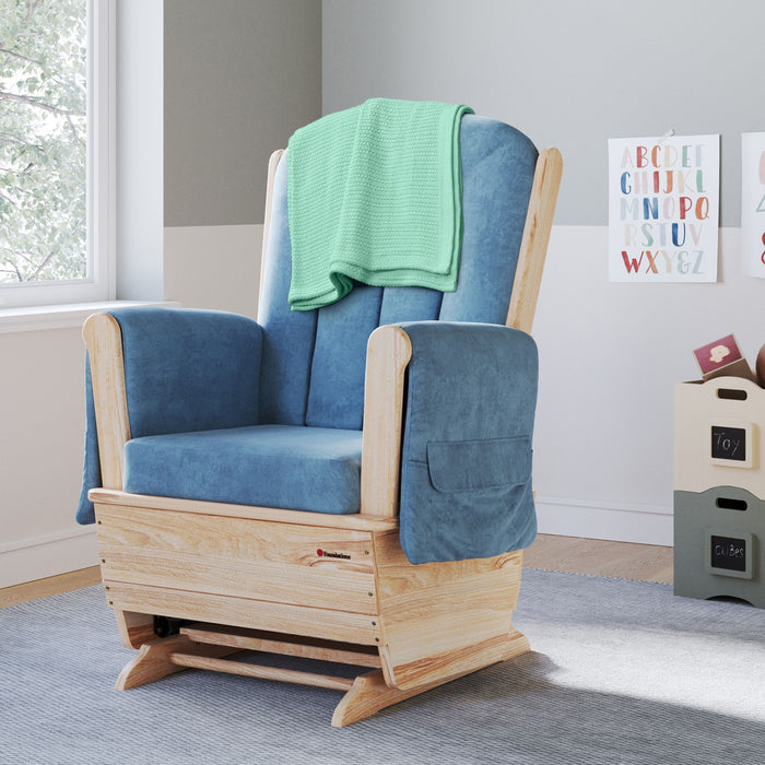 Foundations® SafeRocker™ Standard Wooden Glider Rocker with Blue Microfiber Cushions