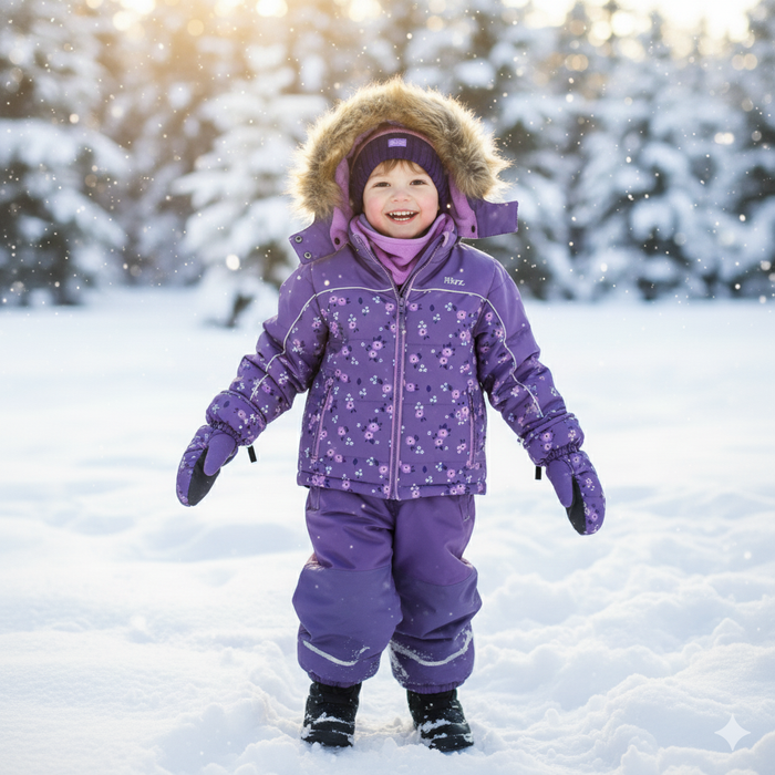 Combinaison de ski 2 pièces Blizz pour fille avec accessoires – Motif floral mauve – Tailles 2 à 16 ans