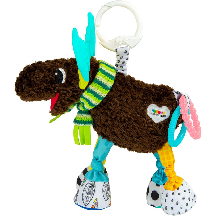 Lamaze plush moose baby toy with colorful textures, teether rings, and clip for stroller attachment.