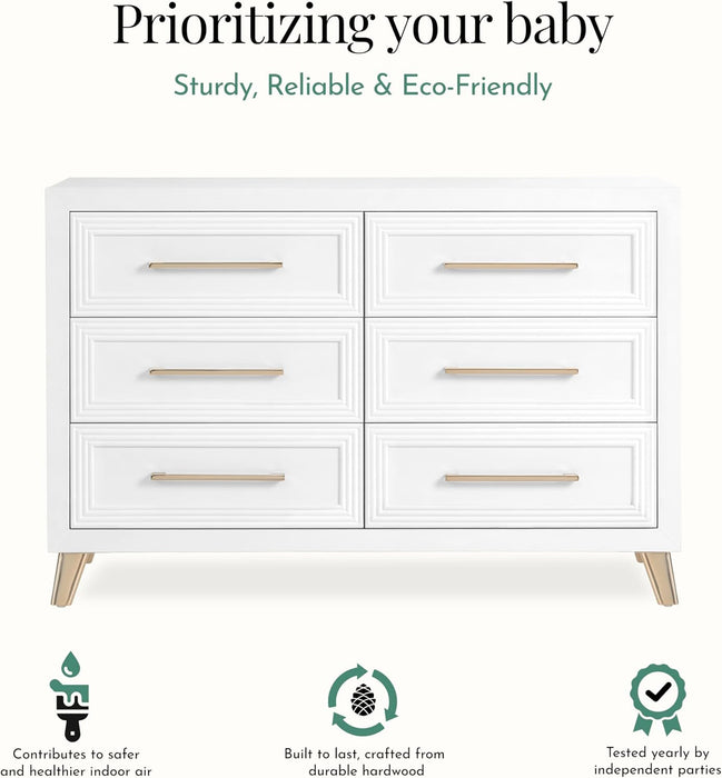 White six-drawer baby dresser with gold handles, eco-friendly hardwood, modern nursery furniture