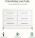 White six-drawer baby dresser with gold handles, eco-friendly hardwood, modern nursery furniture