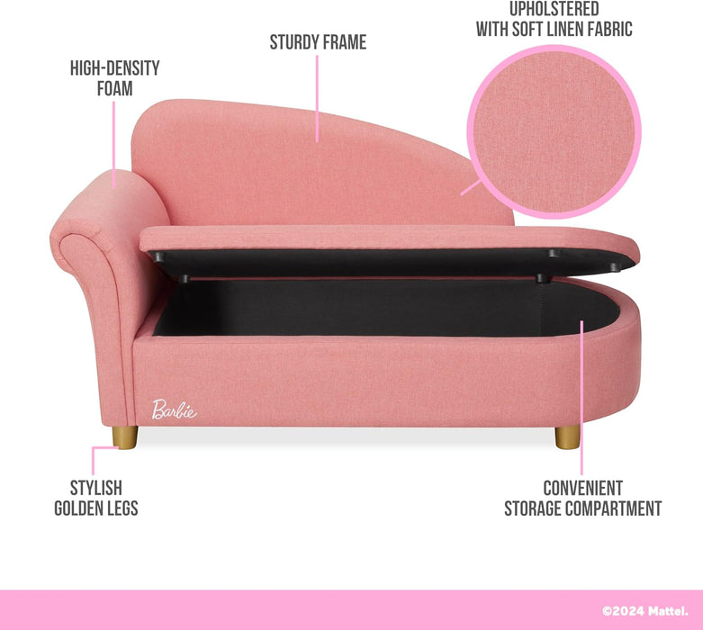 Pink kids’ storage chaise with soft linen upholstery, high-density foam, sturdy frame, stylish gold legs, and a lift-up storage compartment.