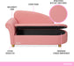 Pink kids’ storage chaise with soft linen upholstery, high-density foam, sturdy frame, stylish gold legs, and a lift-up storage compartment.