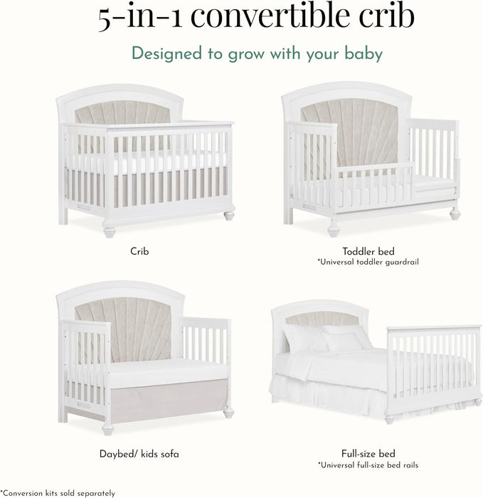 White 5-in-1 convertible crib shown as crib, toddler bed, daybed, and full-size bed